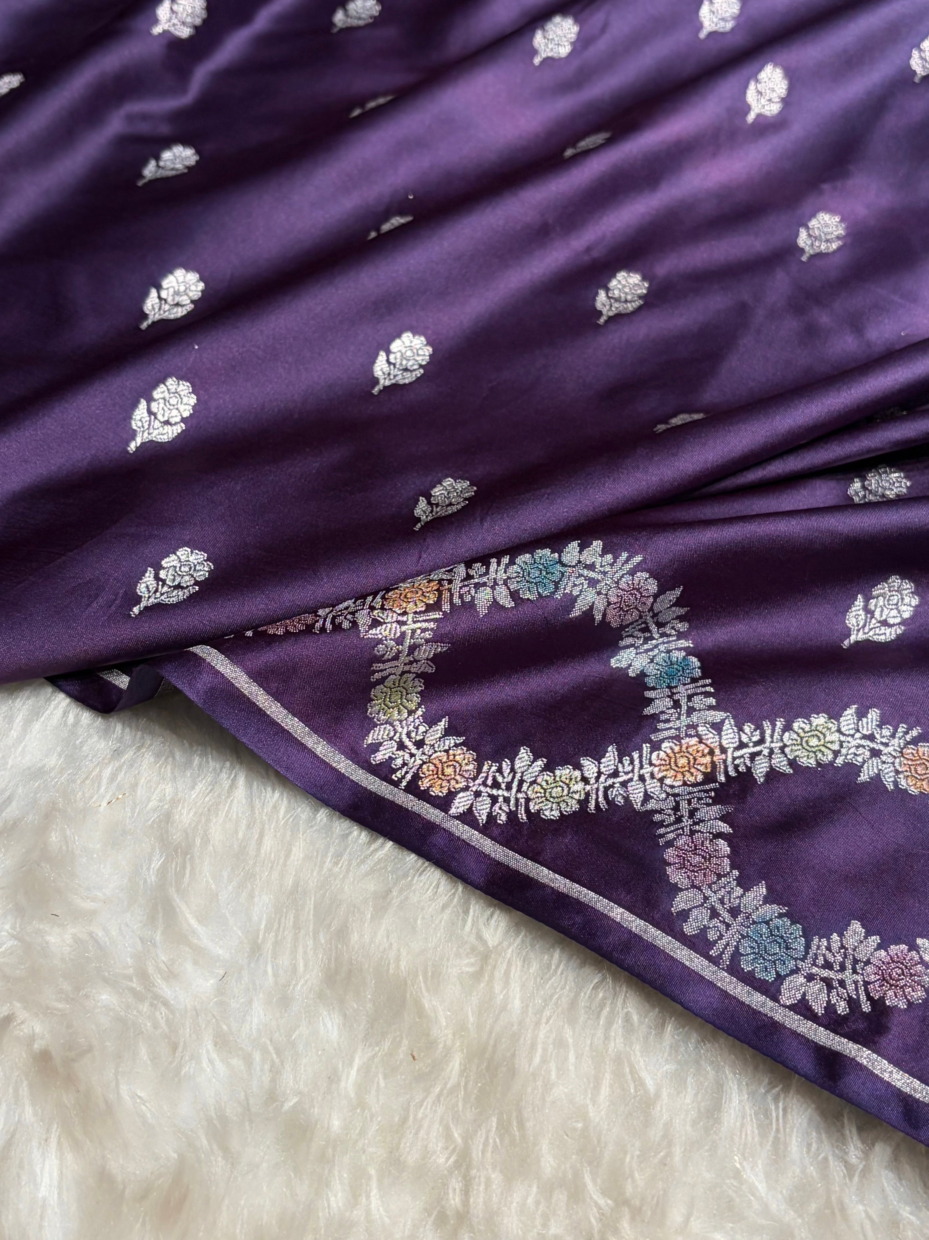 Purple Shades Banarasi Minakari Scallop Floral Booti Mashru Silk Saree MS46