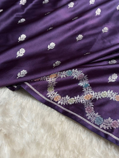 Purple Shades Banarasi Minakari Scallop Floral Booti Mashru Silk Saree MCS46