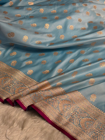 Floral boota Satin katan Silk Saree In Sky Blue Shades SK12