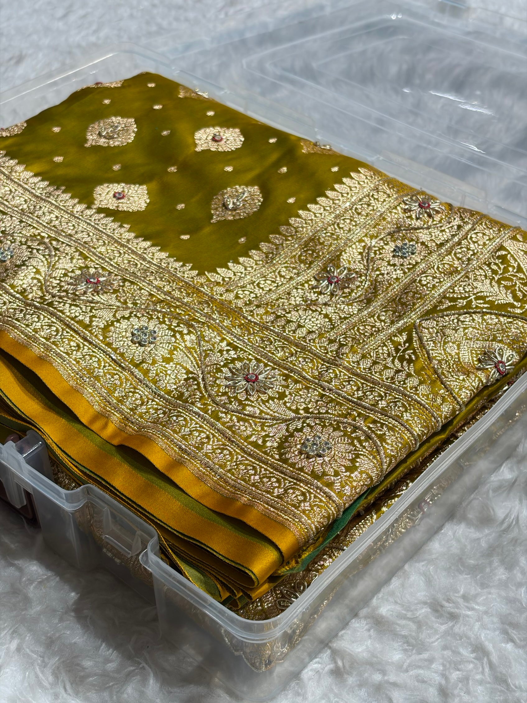 Bridal Mehendi Unique Boota Pattern With Stone & Ari Work Satin Katan Silk Saree BSK69