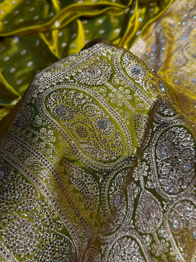 Banarasi Mehandi Booti Pattern With Swarovski Stone Work Satin Katan Silk Saree BSK53