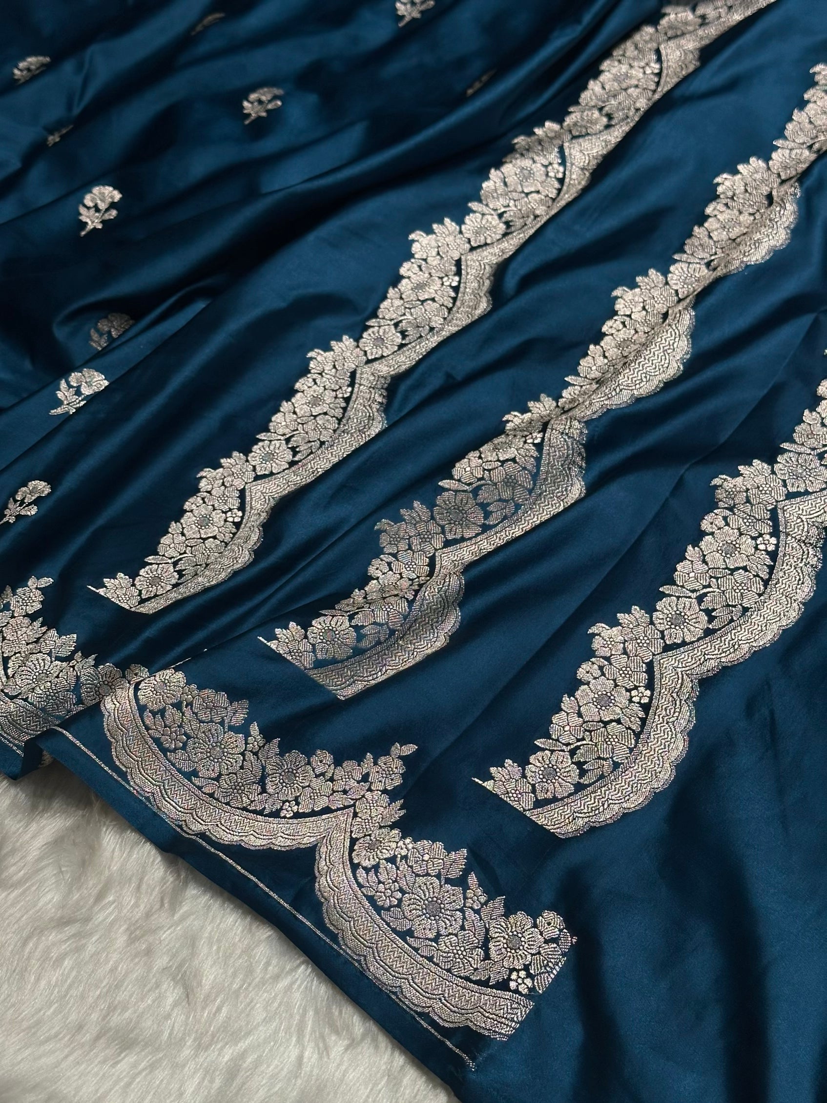 German Blue Shades Scallop Booti Mashru Silk Saree