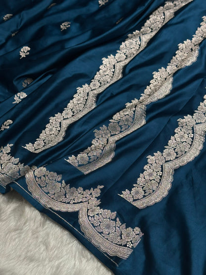German Blue Shades Scallop Booti Mashru Silk Saree