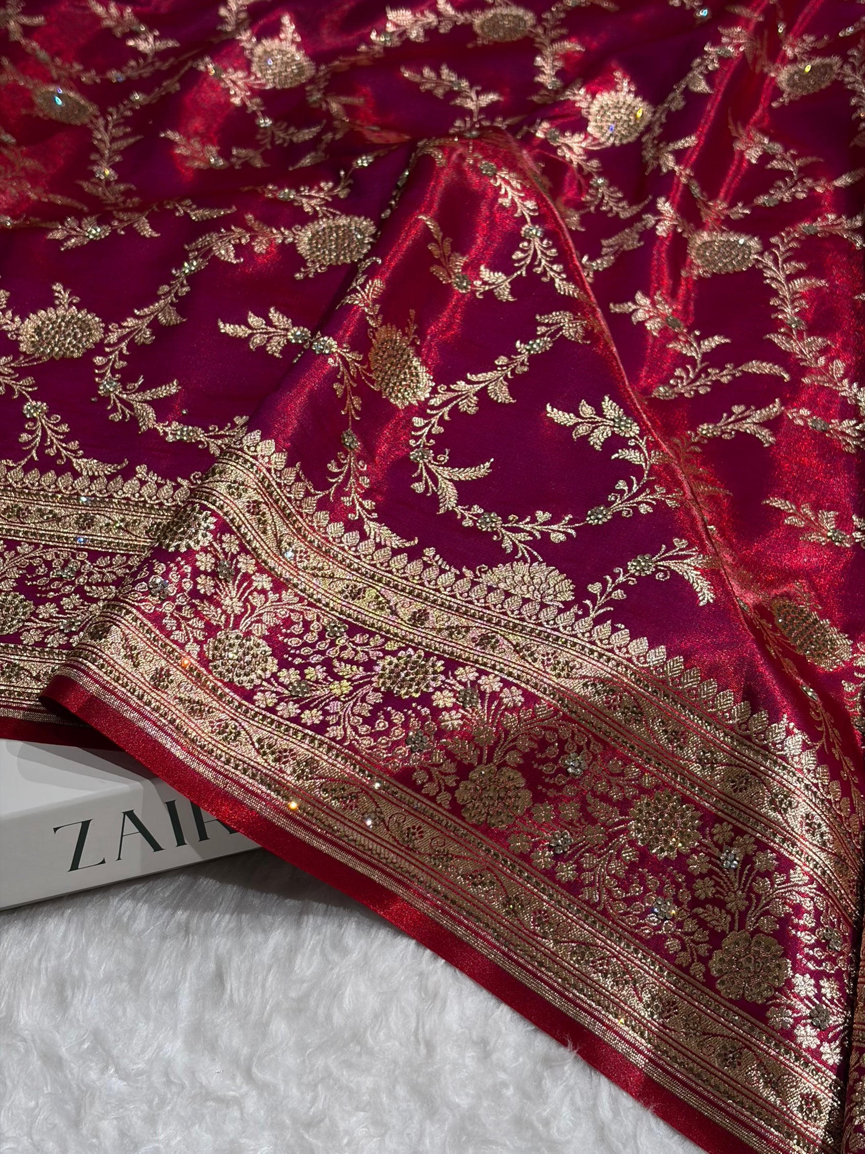 Light Weight Reddish Magenta Satin Silk Saree with Swarovski work BSS14