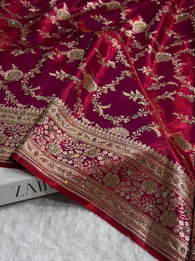 Light Weight Reddish Magenta Satin Silk Saree with Swarovski work BSS14