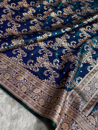 Peacock Shades Jaal Pattern Banarasi Satin Silk Saree SS49