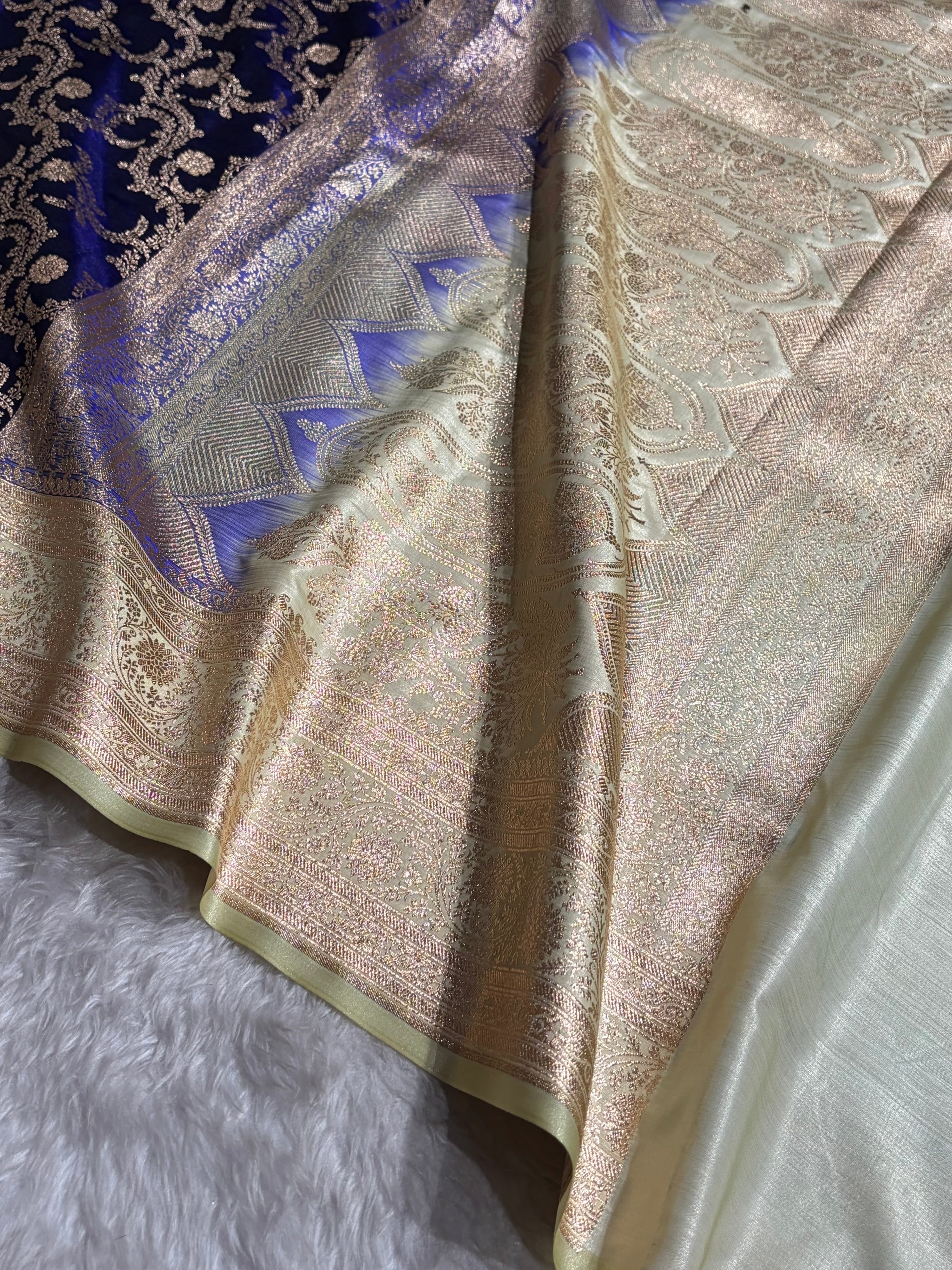 Royal Blue Contrast Beige Shades Jaal Pattern Banarasi Satin Silk Saree SS47