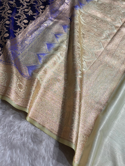 Royal Blue Contrast Beige Shades Jaal Pattern Banarasi Satin Silk Saree SS47