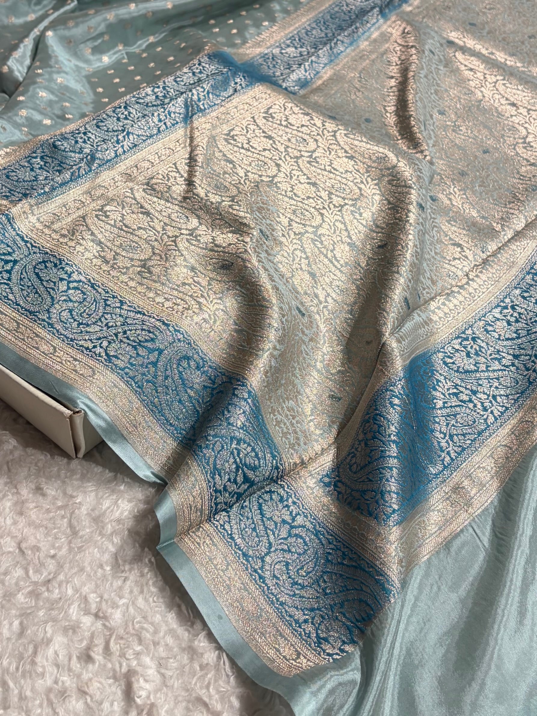 Powder Blue Shades With Contrast Border Crepe Silky Katan Banarasi Saree CSK-05