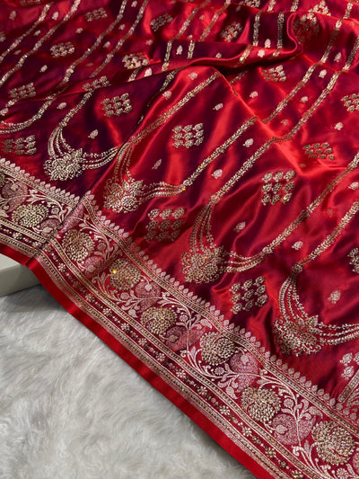 Cross Red Floral Boota Pattern With Bananas Swarovski Stone Work Satin Katan Silk saree BSK39