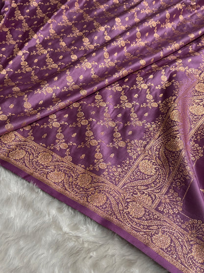 Banarasi Satin Katan Saree Jaal Pattern In Dark Lavender Shades SK133