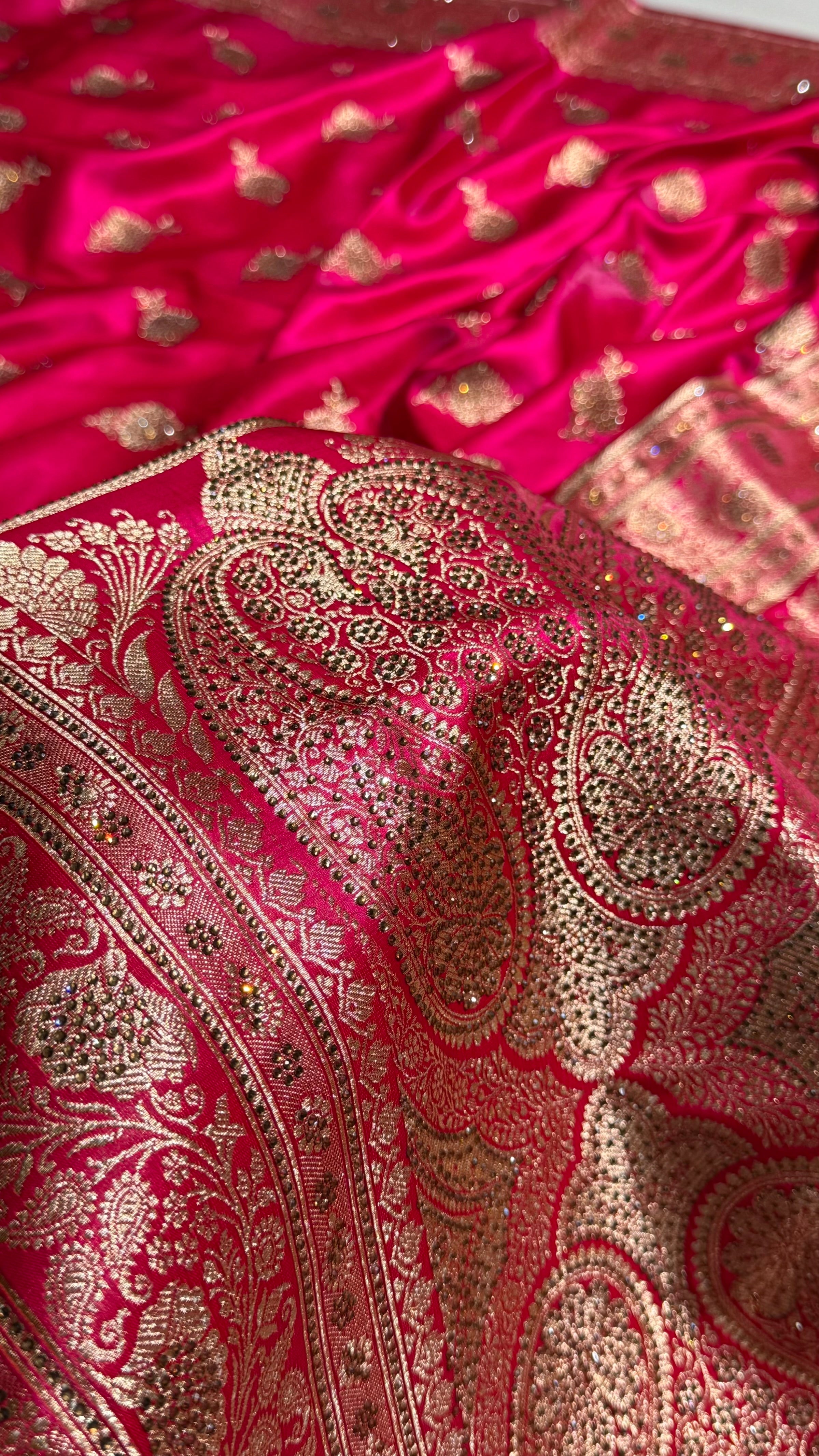 Satin Silk Saree Swarovski Work Floral Boota in Cross Rani Shades BSS26