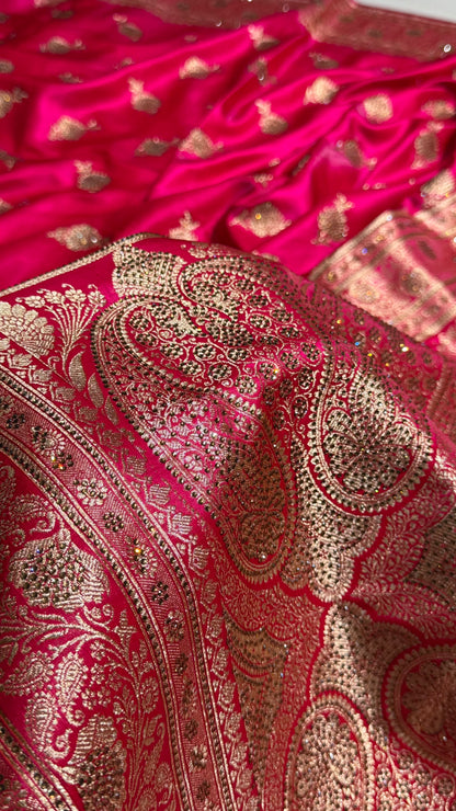 Satin Silk Saree Swarovski Work Floral Boota in Cross Rani Shades BSS26