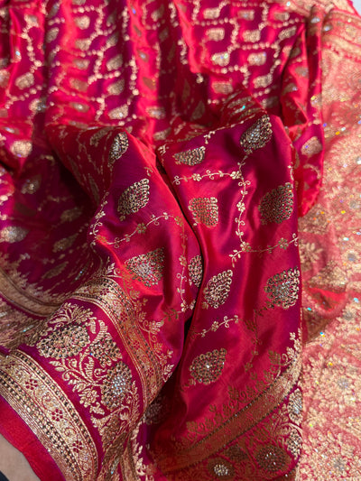 Cross Red Floral Jaal Pattern Satin Katan Silk saree BSK42