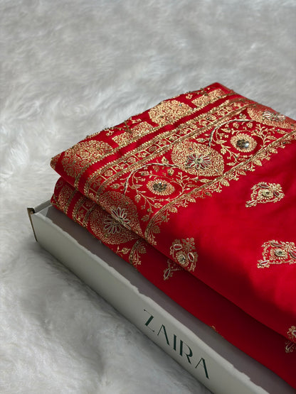 Banarasi Satin Katan Saree With Aari Zardozi Work Boota in Red Shades BSK98