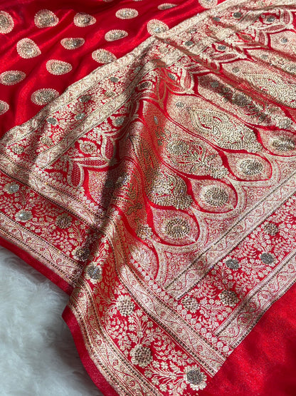 Red Shades Banarasi With Swarovski Stone Work Satin Silk Saree BSS33