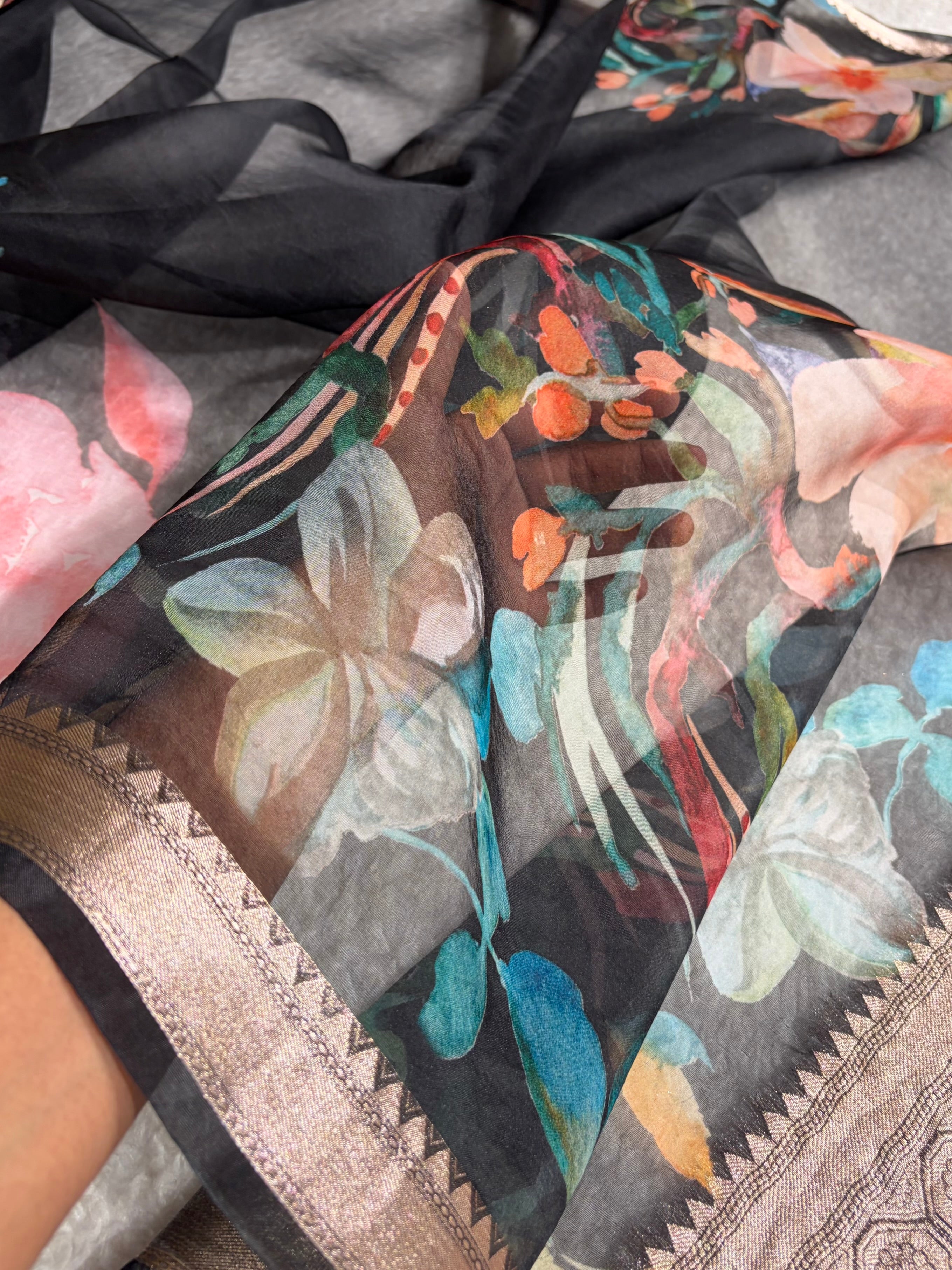 Organza with Pastel Multicolor Florals & Gold Zari Border POP17