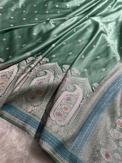Banarasi Skirt Border Pattern in Turquoise Shades Floral Mashru Silk Saree MCS95