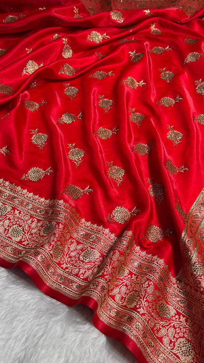Satin Silk Saree Swarovski Work Floral Boota in Red Shades BSS26