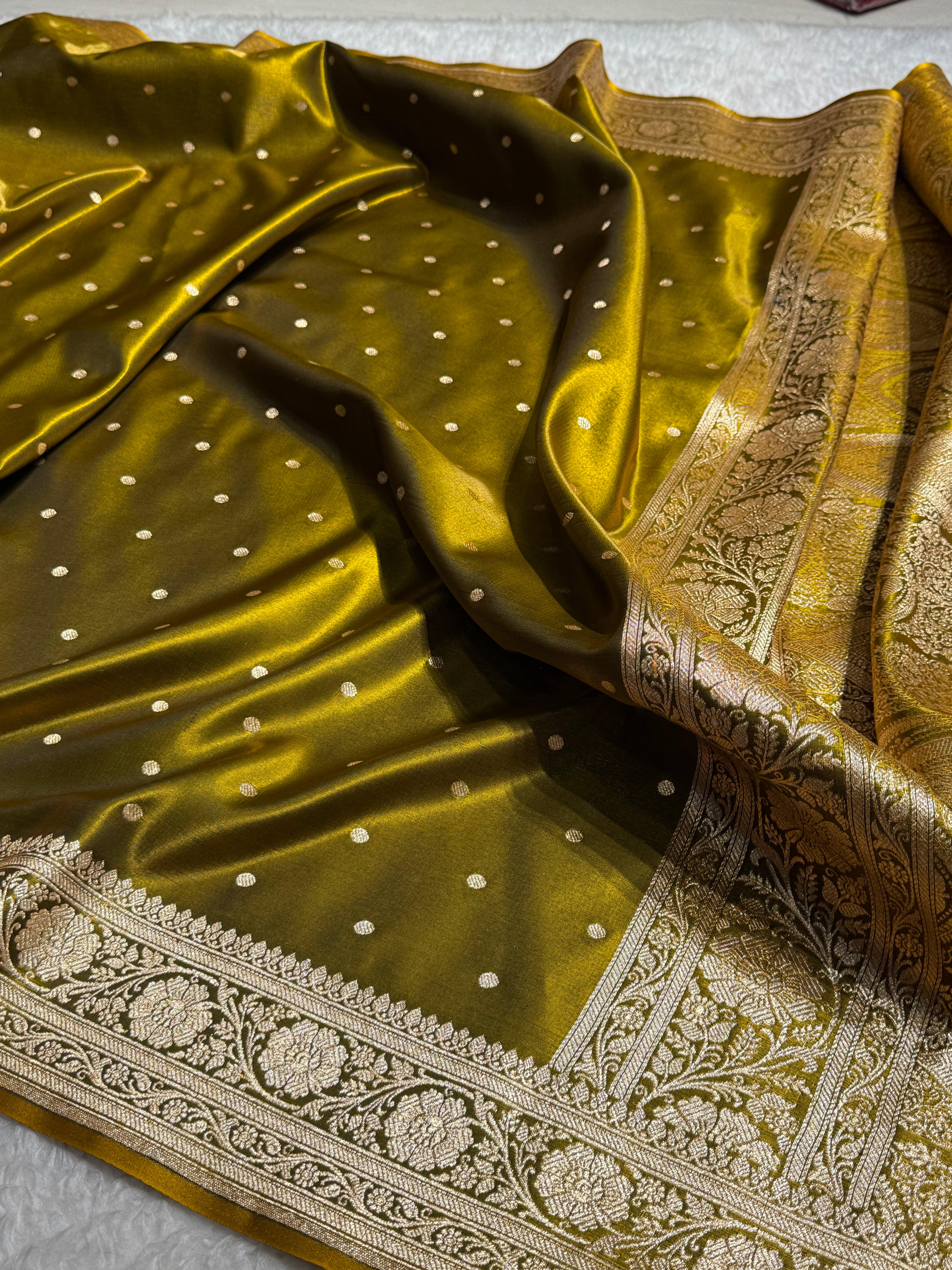Satin Silk Dot Booti in Mehandi Shades