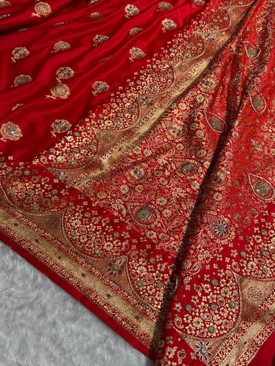 Banarasi Satin Katan Saree With Ari & Zardozi Work Boota in Red Shades BSK111