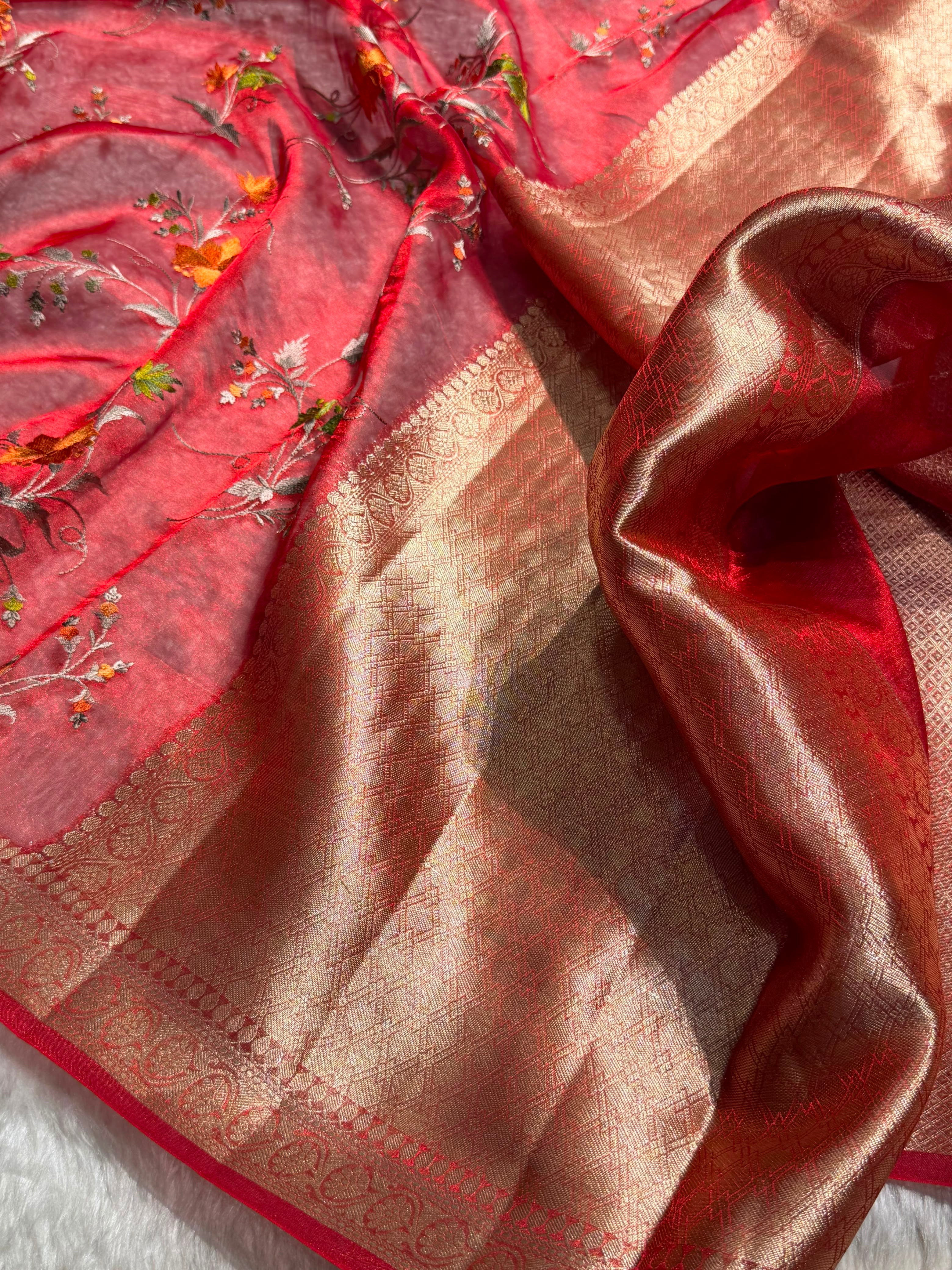 Maroon Shades With Floral Embroidered Pure Tissue Silk Saree with Brocade Blouse PTE-09