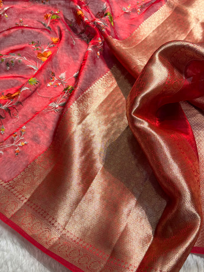 Maroon Shades With Floral Embroidered Pure Tissue Silk Saree with Brocade Blouse PTE-09