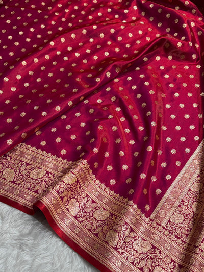 Magentic Red Shades Booti Pattern Banarasi Satin Silk Saree SS54