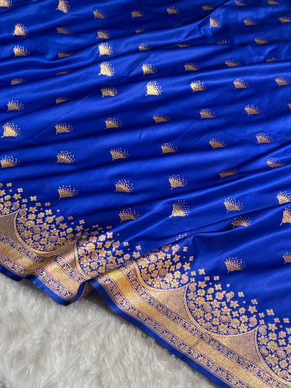 Royal Blue Floral Banasari Pattern Satin Katan Silk Saree SK83