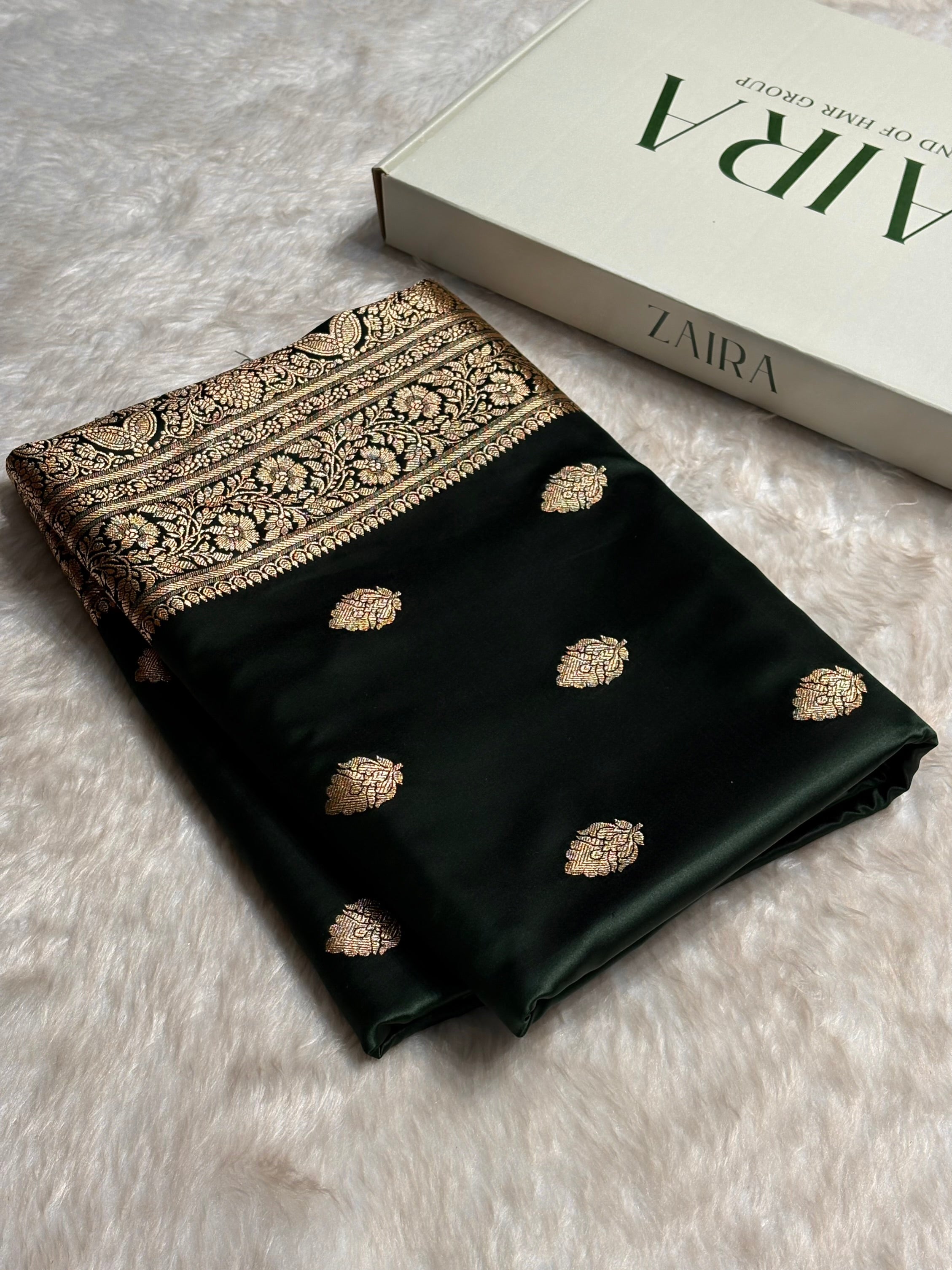Dark Bottle Green Booti Pattern Satin Katan Silk Saree SK65