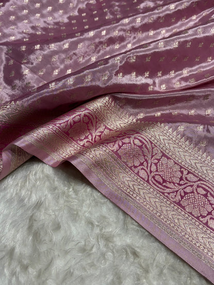 Onion Pink Shade With Contrast Border Crepe Silky Katan Banarasi Saree CSK-04