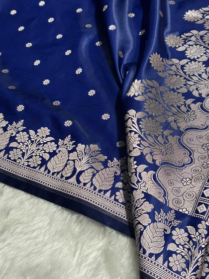 Navy Blue Floral Boota With Floral Border Mashru Silk Saree MSM 79