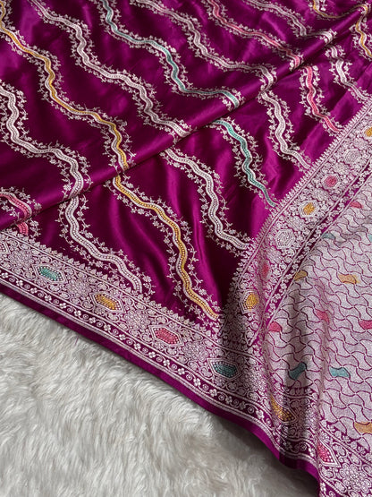 Banarasi Minakari Cross Pattern in Wine Shades Floral Mashru Silk Saree MCS93