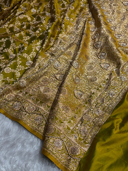 Liril Mahndi Shades Jaal Floral Pattern With Zardozi And Swarovski Stone Work Satin Katan Silk Saree BSK80