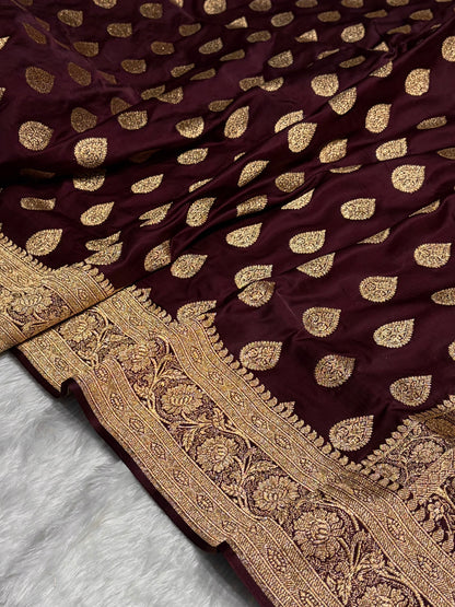 Dark Chocolate Katan Silk Saree In Boota Floral Motif