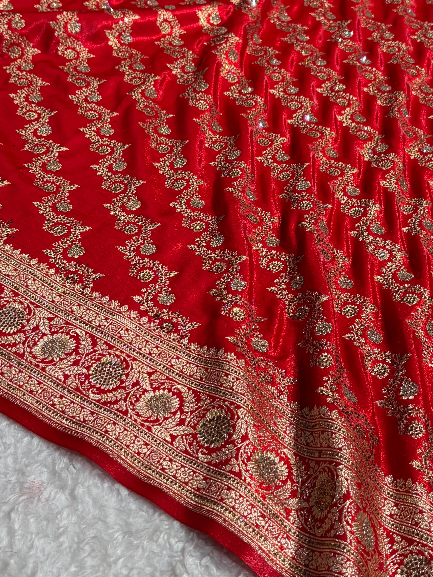 Banarasi Bridal Red Shades With Swarovski Stone and White Stone Work Satin Silk Saree BSS32