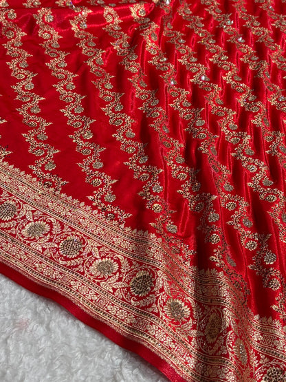 Banarasi Bridal Red Shades With Swarovski Stone and White Stone Work Satin Silk Saree BSS32