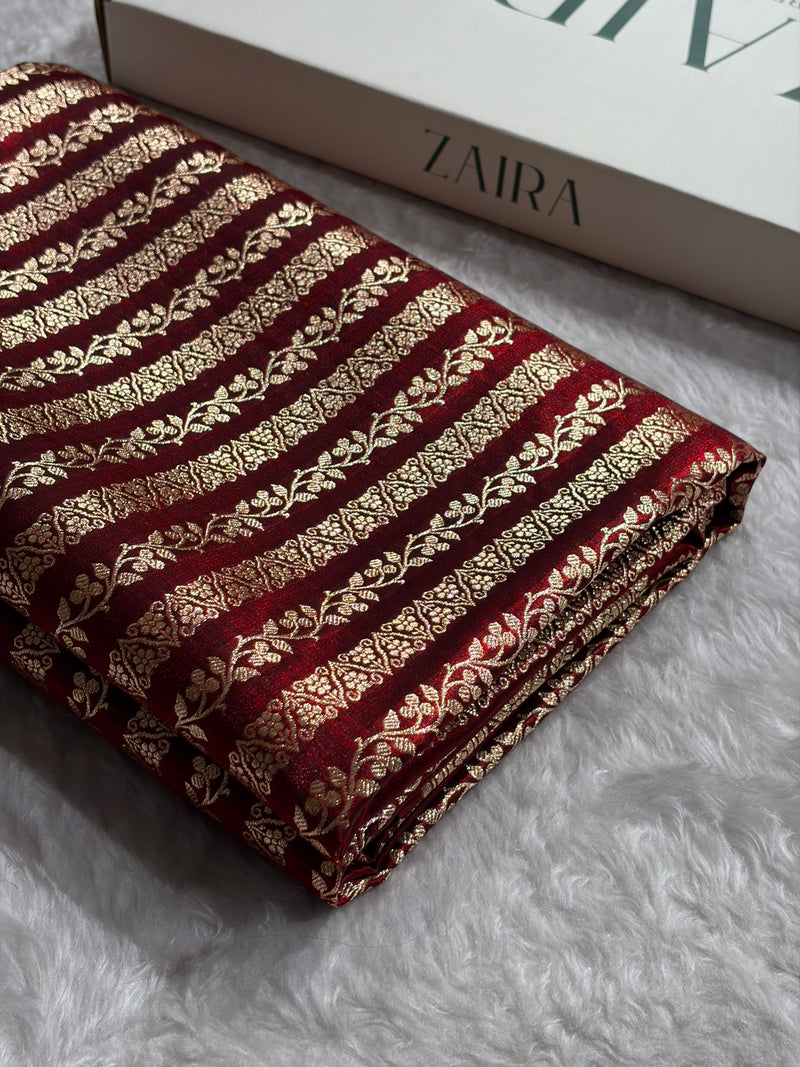 Maroon Shades Stripe Pattern Banarasi Satin Silk Saree SS46