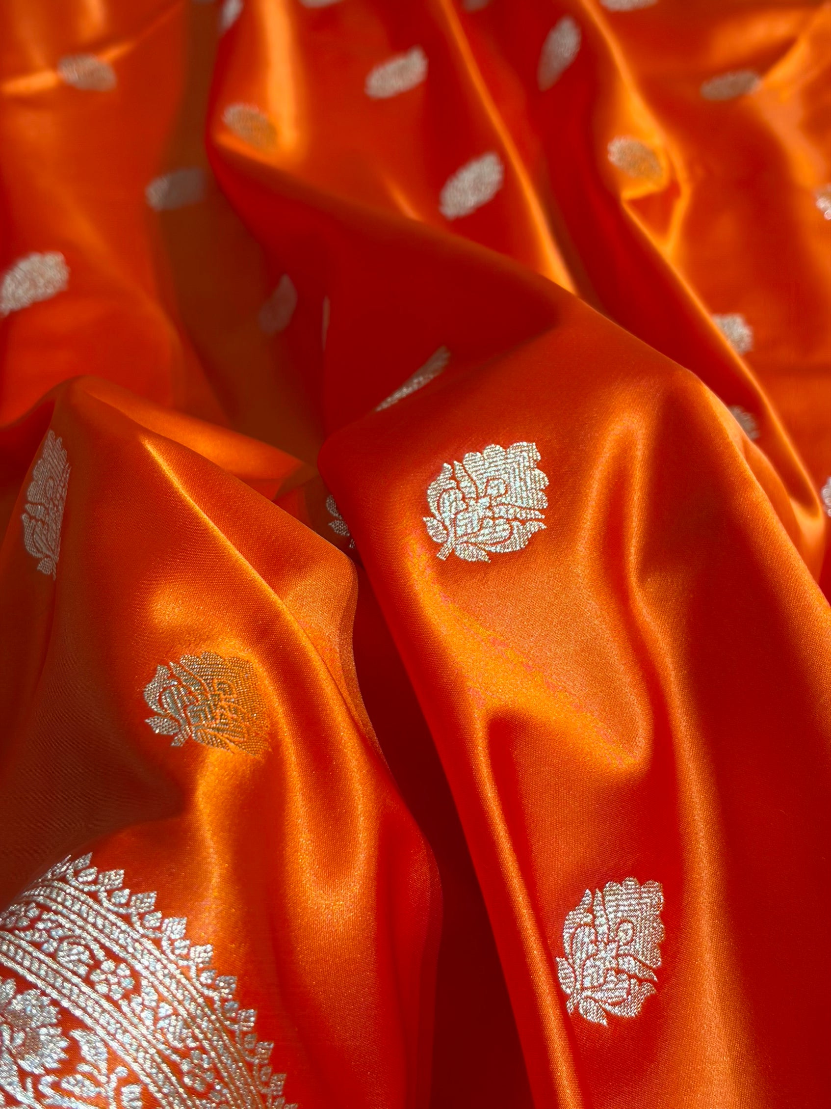 Banarasi Fanta Orange Booti Pattern Satin Katan Silk Saree SK65