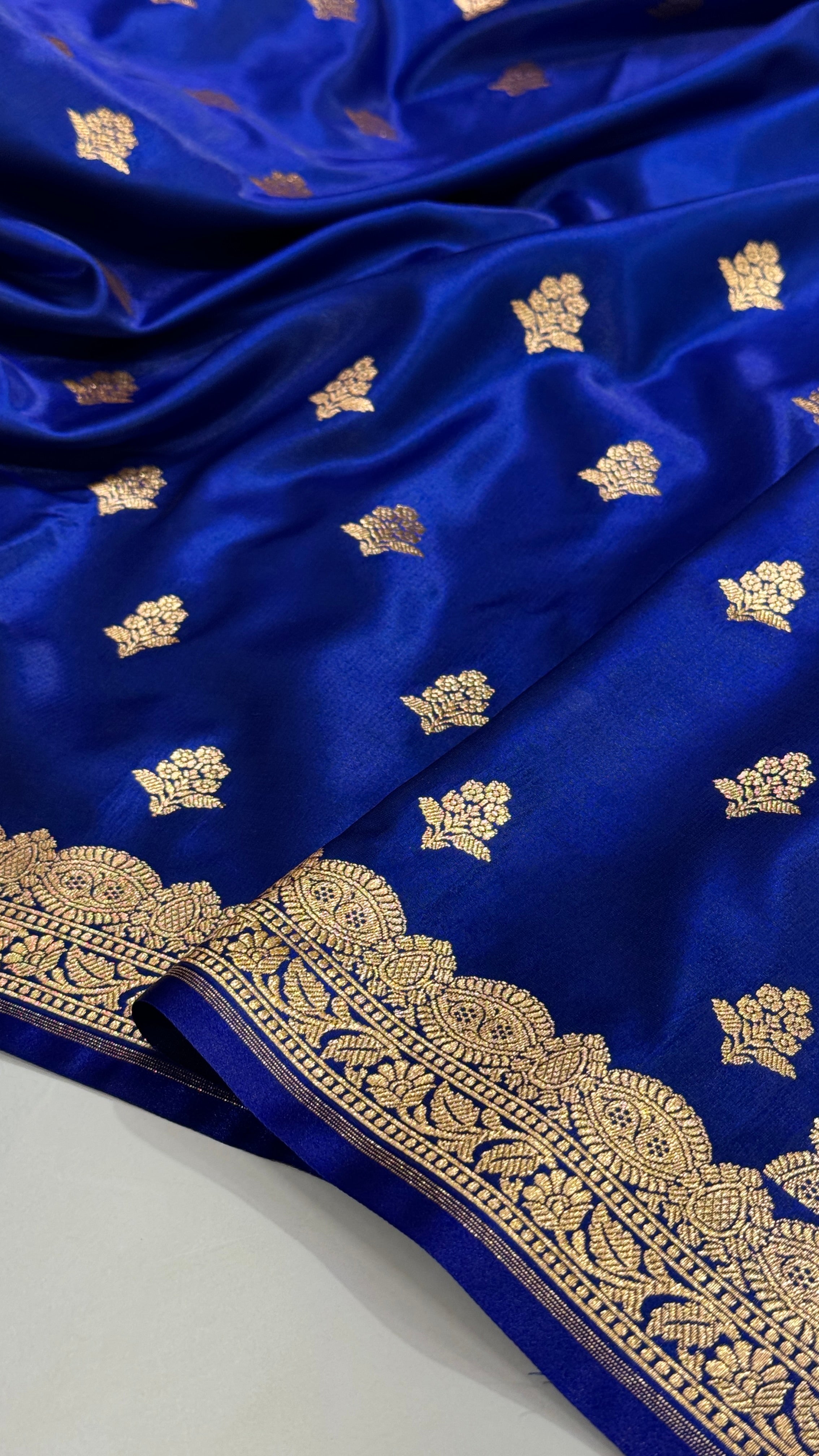 Light Wight Satin Silk Boota in royal blueShades with brocade Blouse