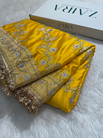Yellow Cross Mashru Silk Saree with Ari and Stone and Gotta Patti