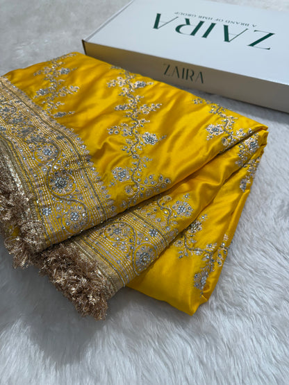 Yellow Cross Mashru Silk Saree with Ari and Stone and Gotta Patti