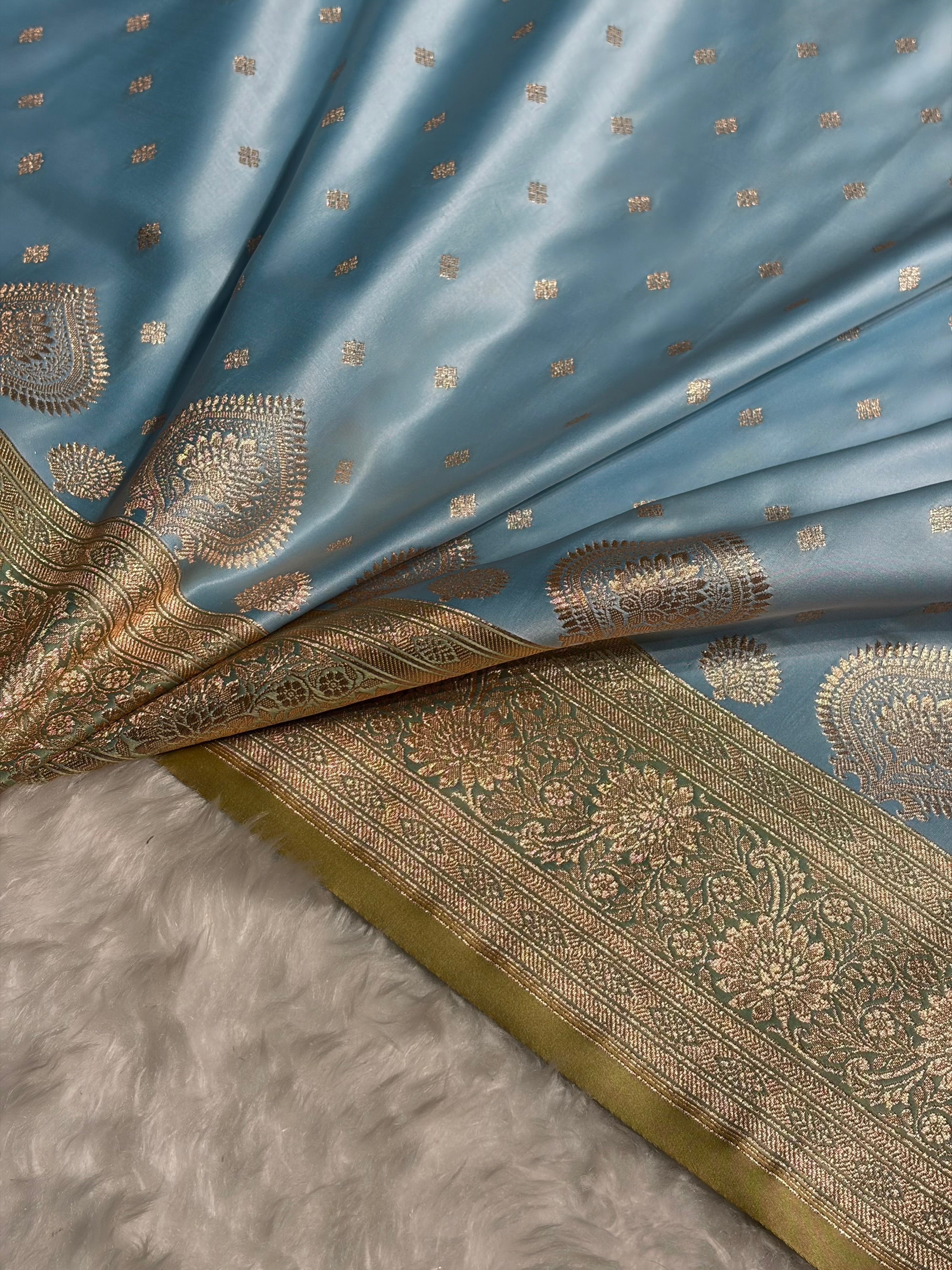 Sky Blue with Pista Booti Satin Katan Silk saree SK29