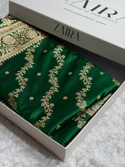 Banarasi Satin Katan Saree With Boota in Bottle Green Shades SK108