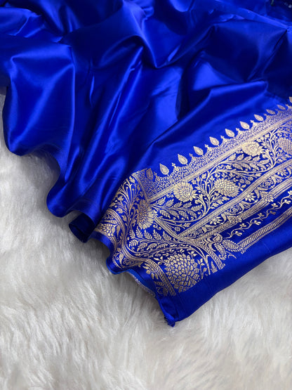 Banarasi Royal Blue Shades Floral Boota Satin Katan Silk saree SK32