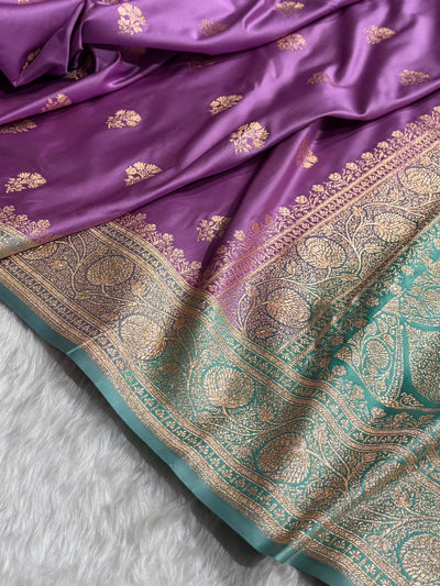 Lavender- Sea Green Banarasi Boota Katan Silk Saree SKM29