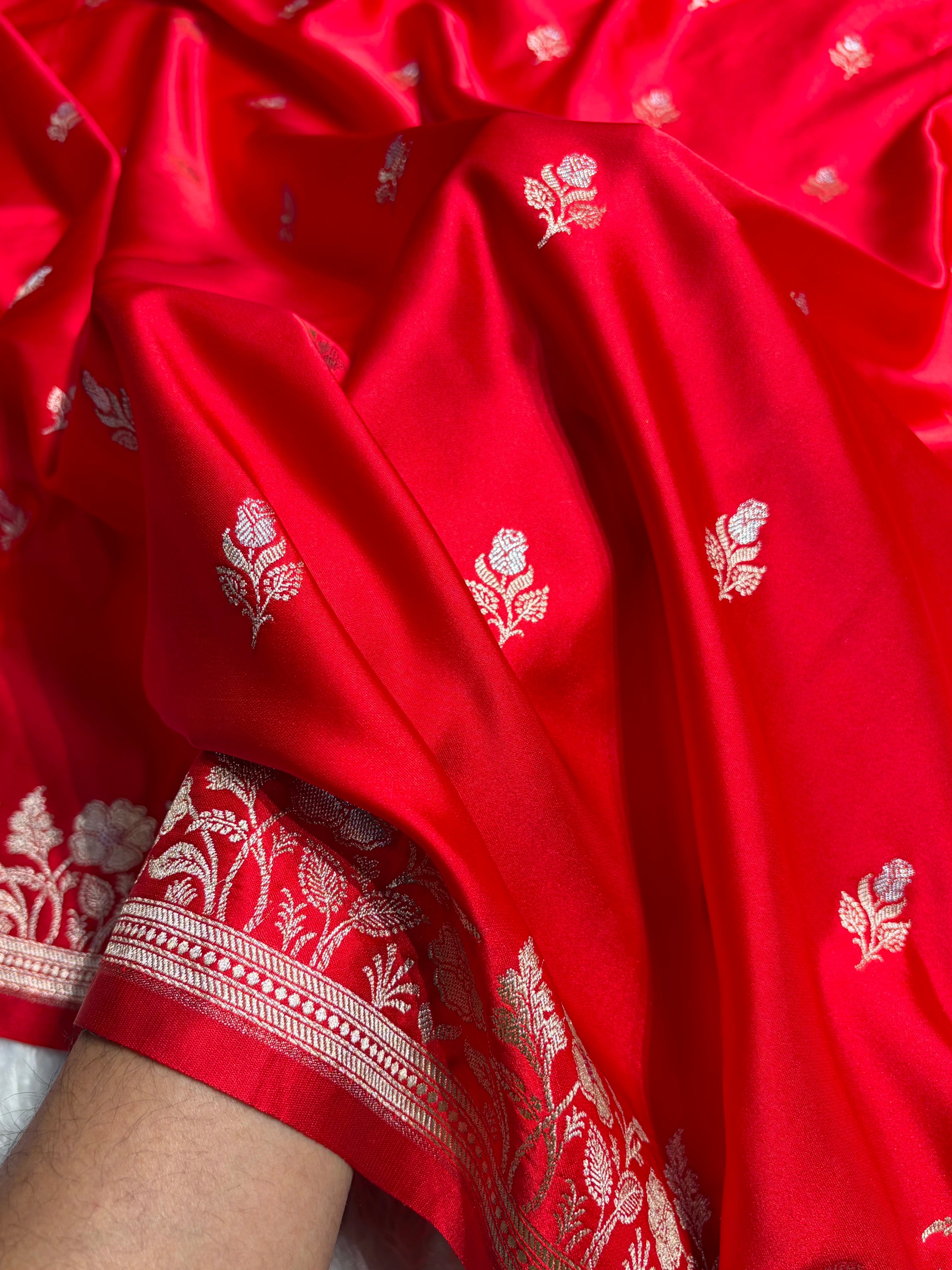 Banarasi Red Boota With Floral Border Mashru Silk Saree MSM-85