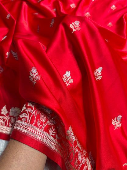Banarasi Red Boota With Floral Border Mashru Silk Saree MSM-85