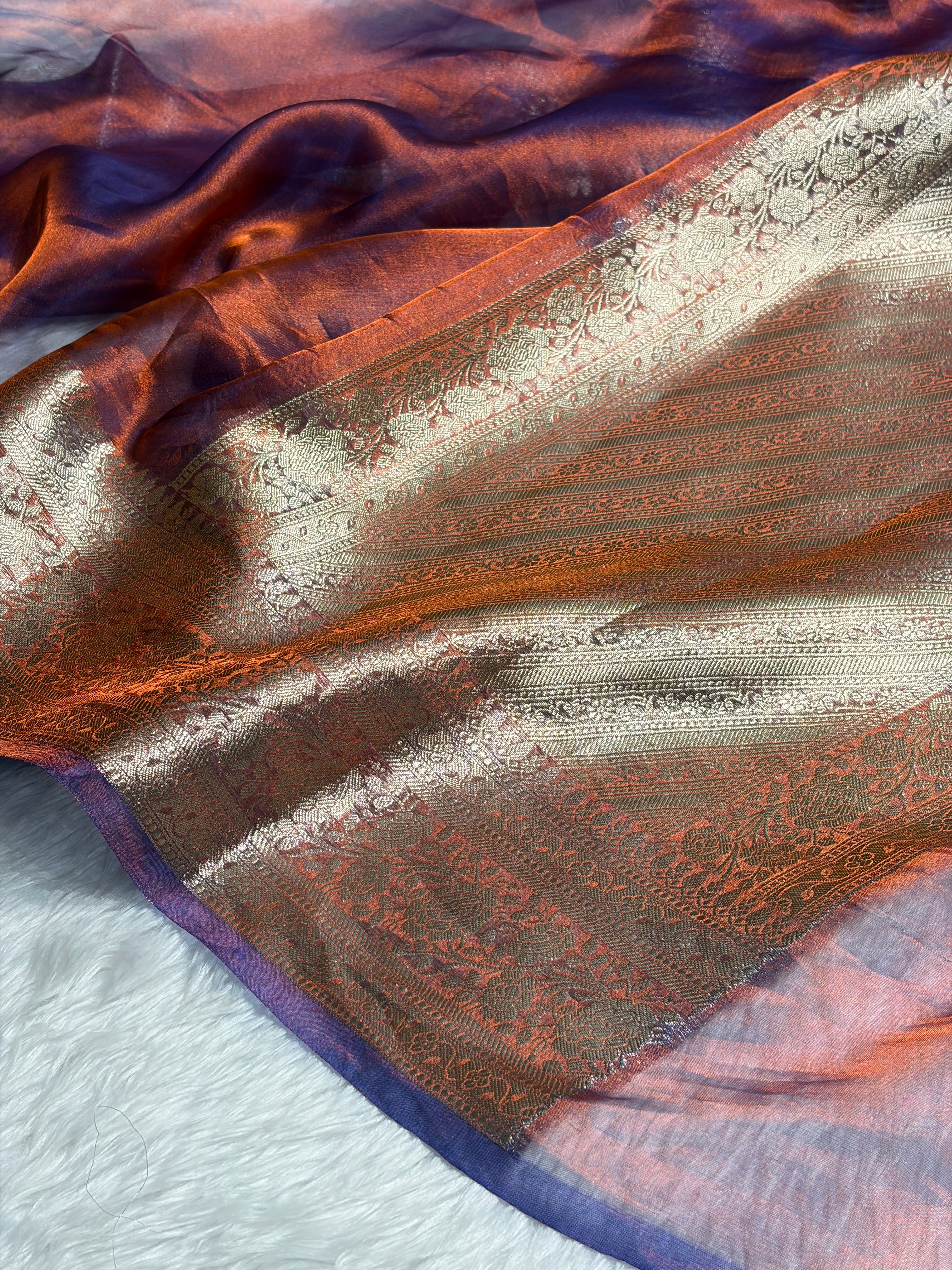 Rusty Royal Blue Shades Pure Tissue Silk Saree with Brocade Blouse PT-08