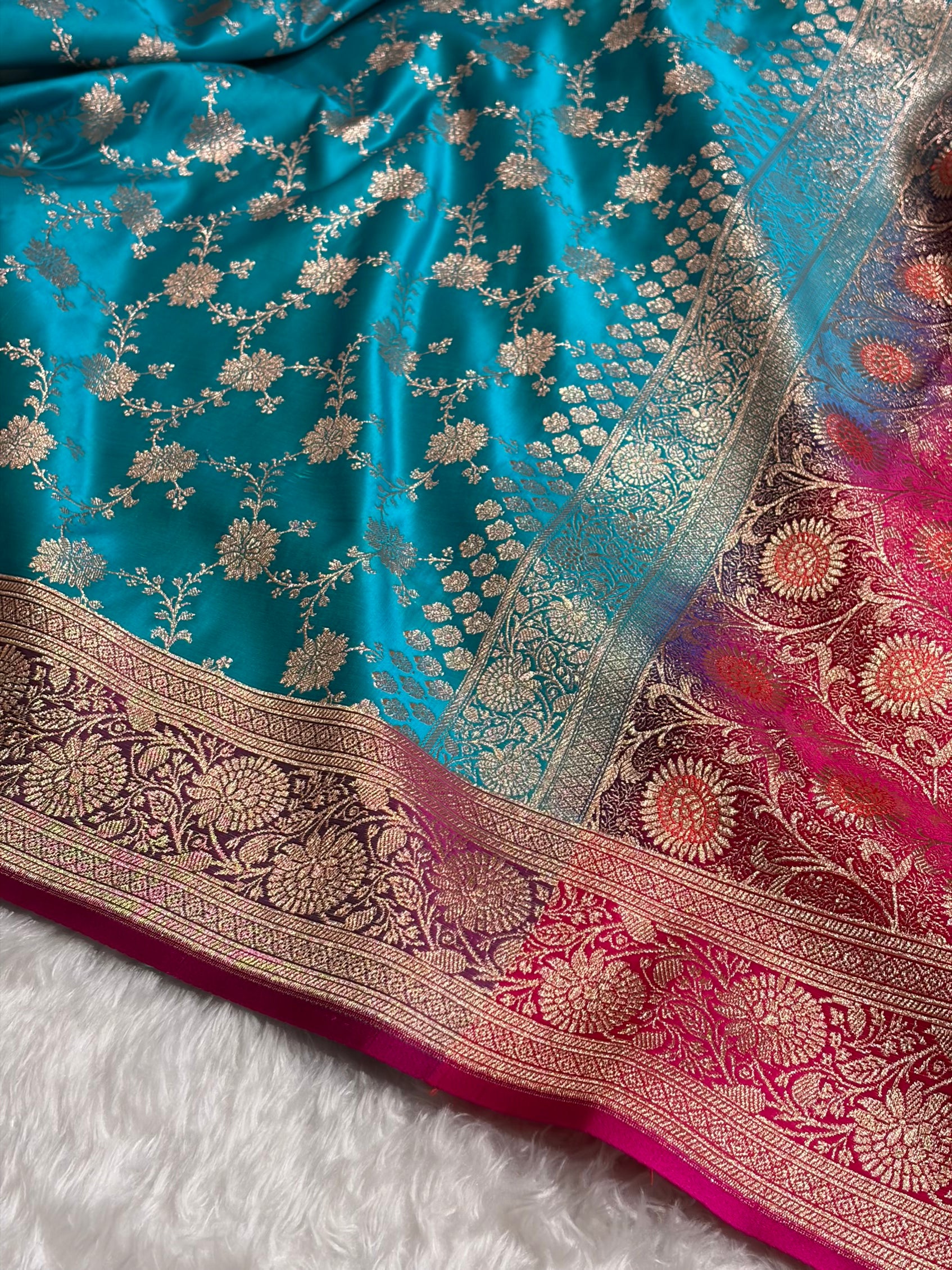 Banarasi Satin Katan Saree Contrast Firozi / Rani Shades SK132